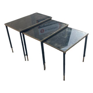 Stitched Leather and Brass Nesting Tables by Jacques Adnet, 1950s, Set of 3 For Sale