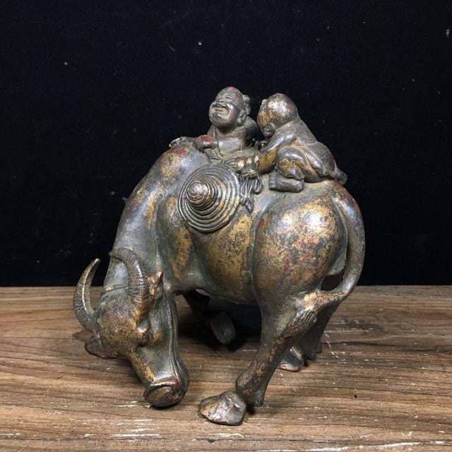 Early 21st Century Vintage Solid Bronze Figurine of a Boy and Water Buffalo For Sale - Image 5 of 7