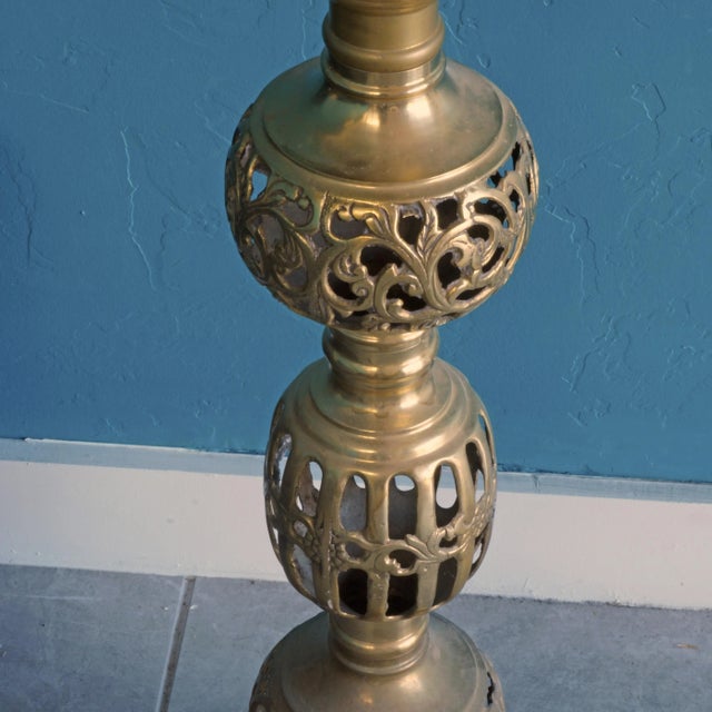 Three Vintage Ornate Indian Cast Brass Floor-Standing Candle Pillars/Stands For Sale - Image 11 of 15