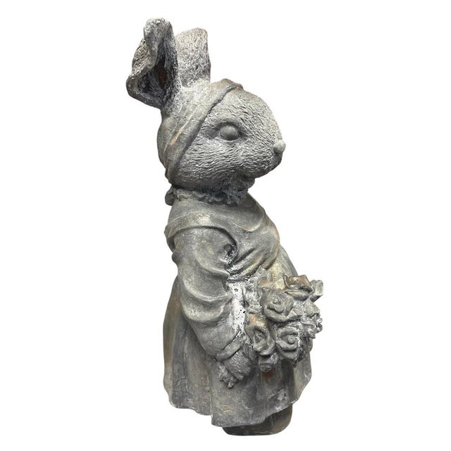 2000 - 2009 Vintage Cast Iron Anthropomorphic Rabbit Garden Statue With Bouquet For Sale - Image 5 of 12
