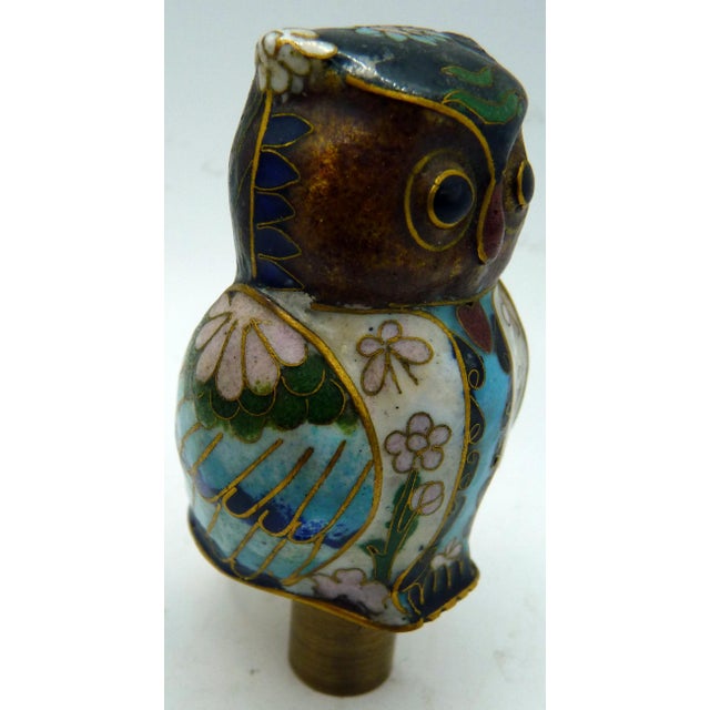 Hollywood Regency Vintage Brass Cloisonné Owl Lamp Finial For Sale - Image 3 of 6