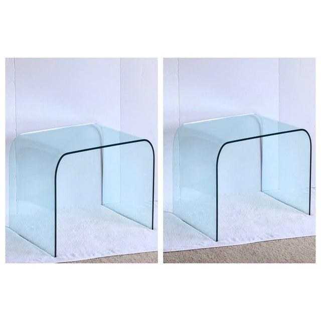1980s MidCentury Modern Tempered Glass Waterfall Side Tables a Pair
