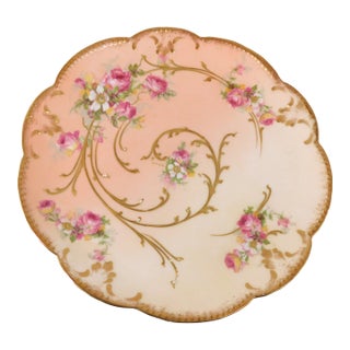 Early 1900s Klingenberg & Dwenger Limoges Plate With Hand Painted Flowers and Raised Gold Trim For Sale