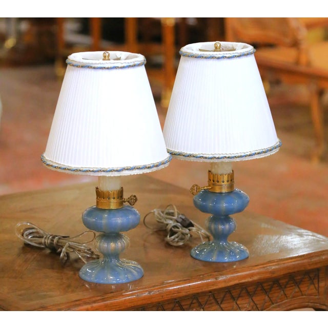 Italian Pair of Mid-Century Italian Murano Blue Art Glass Table Lamps With Custom Shades For Sale - Image 3 of 8