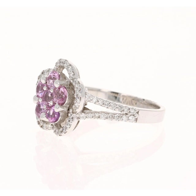 1.51 Carat Pink Sapphire Diamond 14 Karat White Gold Ring, Size 6.5 For Sale - Image 4 of 7