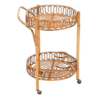 Round Serving Bar Cart in Bamboo, Rattan and Wicker by Franco Albini, Italy, 1960s For Sale