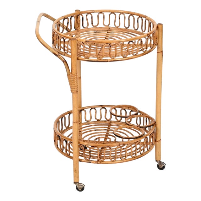 Round Serving Bar Cart in Bamboo, Rattan and Wicker by Franco Albini, Italy, 1960s For Sale