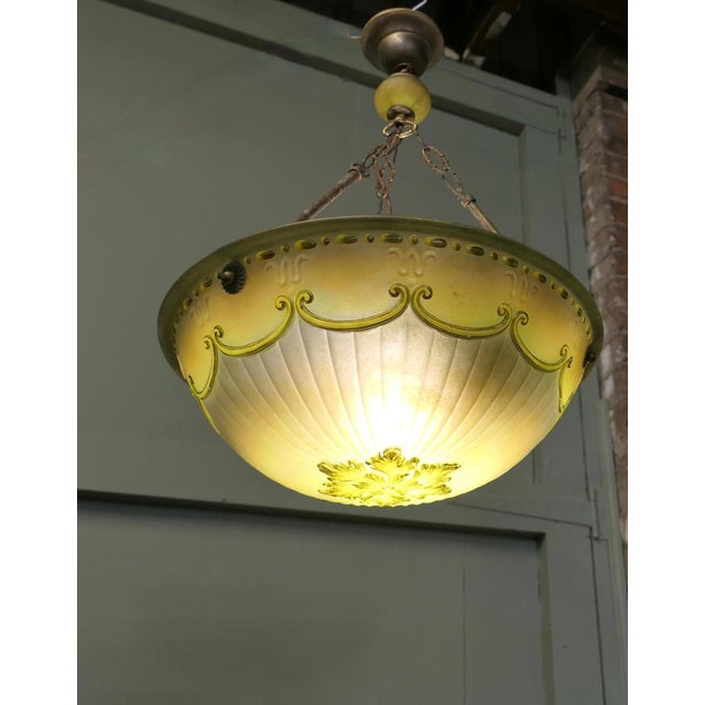 1930s French Art Deco Decorated Glass Hanging Light with Brass Rose, 1930 For Sale - Image 5 of 9