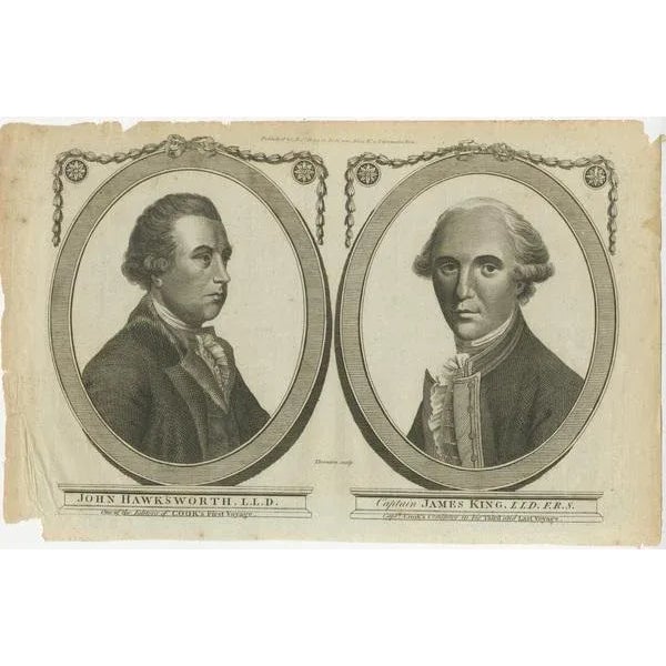 Commemorative Portraits of John Hawkesworth and Captain James King by Thornton This detailed engraving, crafted by the...