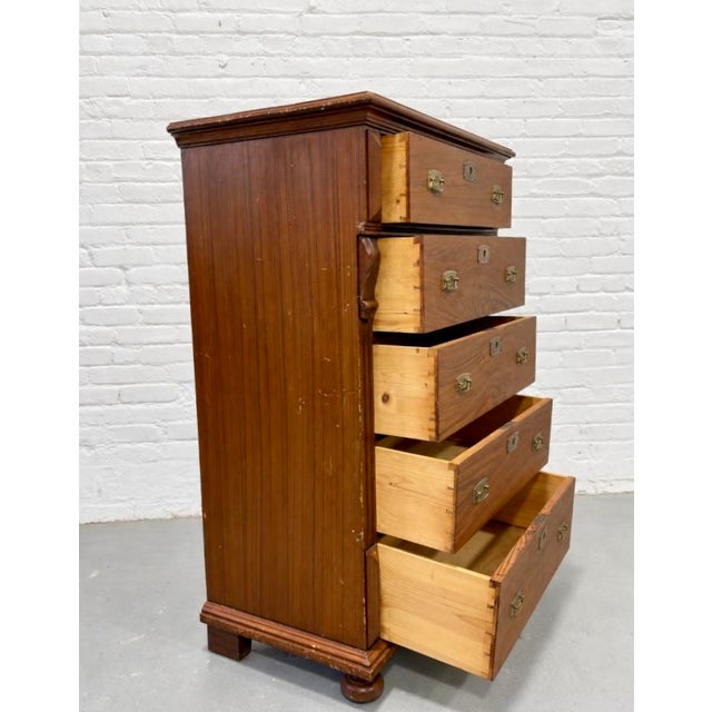 Antique Danish Pine Chest of Drawers | Carved Details + Brass Hardware, Late 19th Century For Sale - Image 4 of 15
