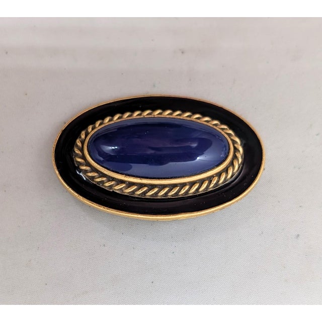 Yves Saint Laurent Vintage 1980s Signed Ysl Oval Goldtone Cabochon Faux-Lapis & Black Enamel Brooch For Sale - Image 4 of 7