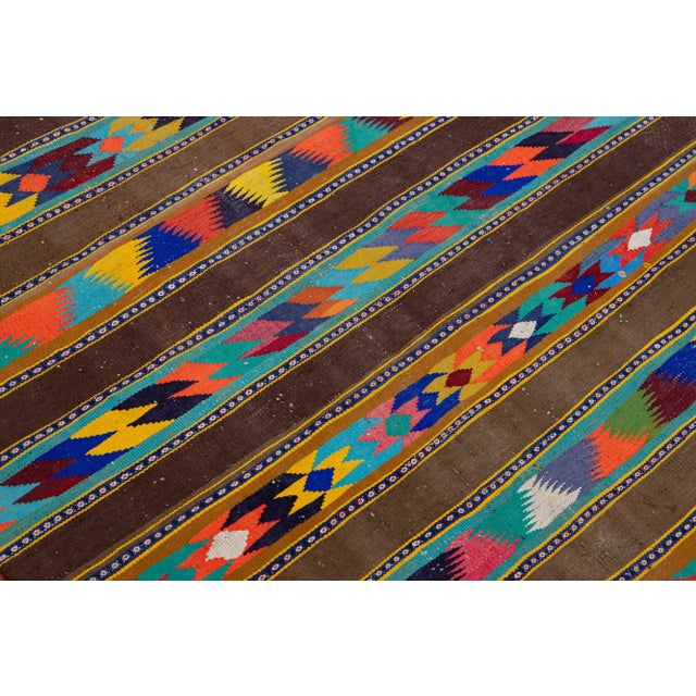 Brown Vintage Kilim Handmade Flatweave Geometric Motif Wool Runner For Sale - Image 10 of 11