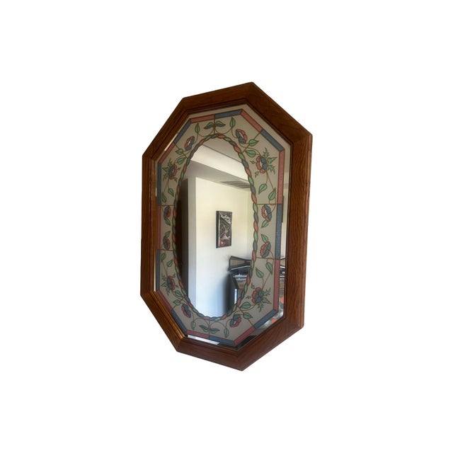 Postmodern Vintage Octagon Wall Mirror: 1980s Postmodern Leaf Design, Windsor Oak Frame For Sale - Image 3 of 12