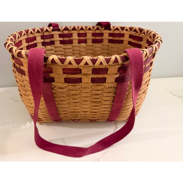 Hollywood Regency Vintage American Handwoven Splint Basket With Burgundy Accent. For Sale - Image 4 of 7