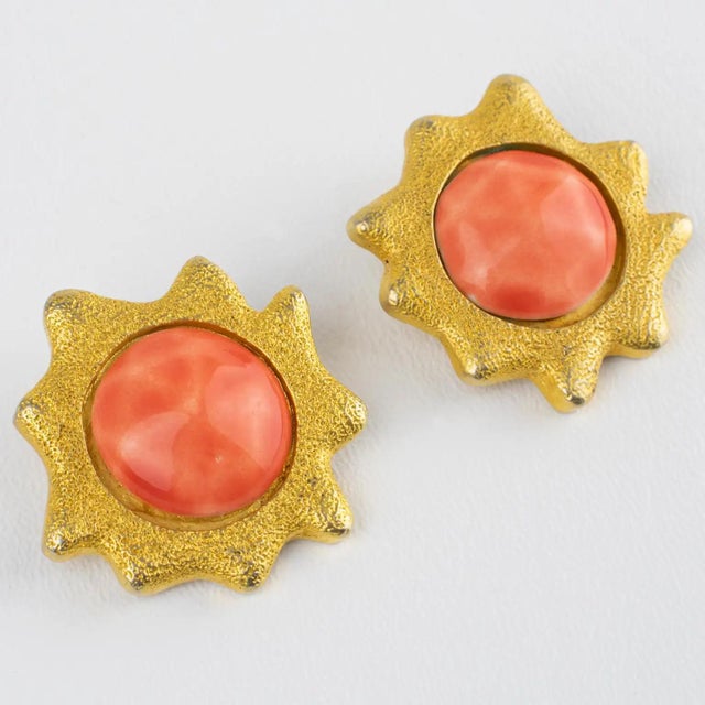 Chantal Thomass Paris Gilded Clip Earrings with Pink Salmon Ceramic Cabochons For Sale - Image 4 of 8