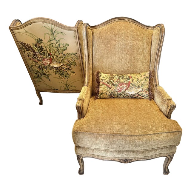 Pair of Louis XV-Style Pheasant & Botanical Upholstered Fauteuil Armchairs Including 2 Custom Pillows A distinctive pair...