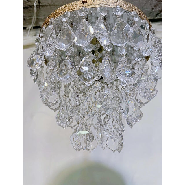 Vintage Hollywood Regency Floral Embossed Brass French Crystal Basket Chandelier For Sale In New York - Image 6 of 8