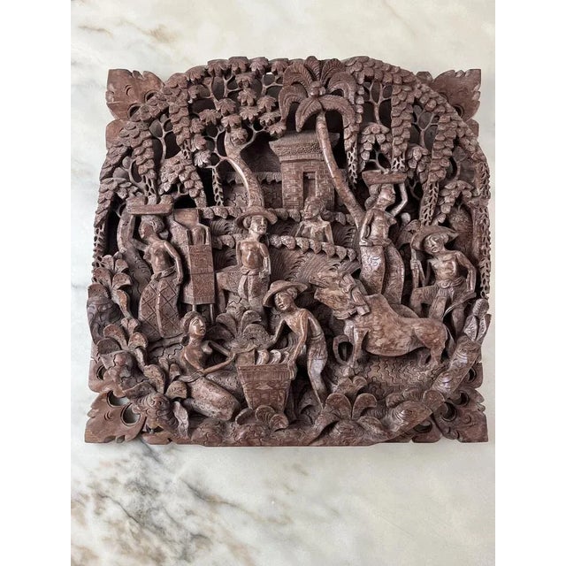 Vintage Balinese Panel in Hand-Worked Beech, 1993 For Sale - Image 9 of 13
