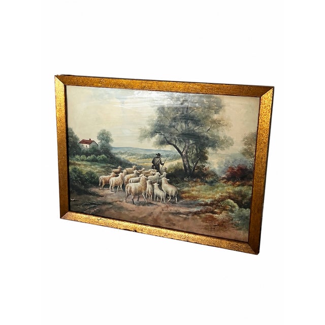 Mid-Century Modern A Shepherd’s Path — Vintage Framed Pastoral Landscape With Sheep Oil Painting For Sale - Image 3 of 7