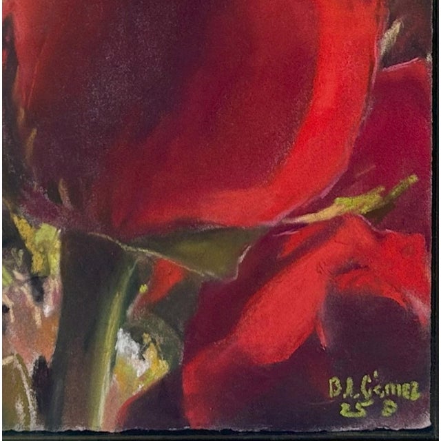 December Rose Opening by Bruce A Gómez | Pastel of a red rose bud with green leaves For Sale - Image 4 of 5