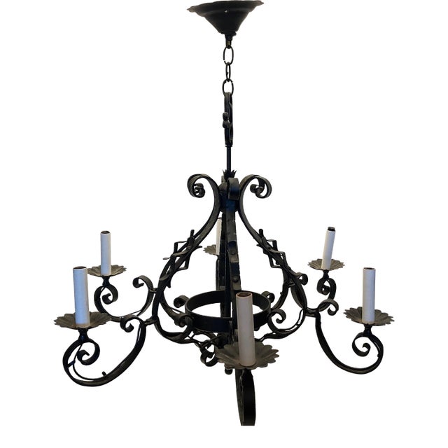 Vintage 1950s Black Iron Chandelier For Sale