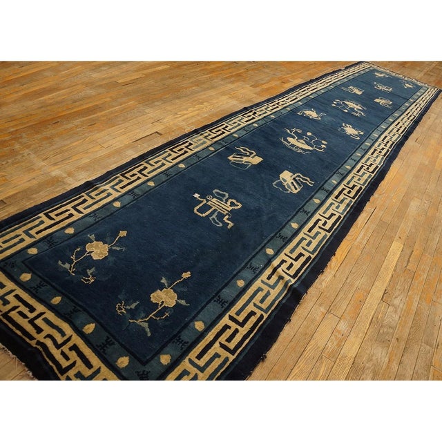 1900 - 1909 1900s Navy Classic Greek Key Antique Chinese Peking Hallway Runner Rug 4'x 18'4" For Sale - Image 5 of 6