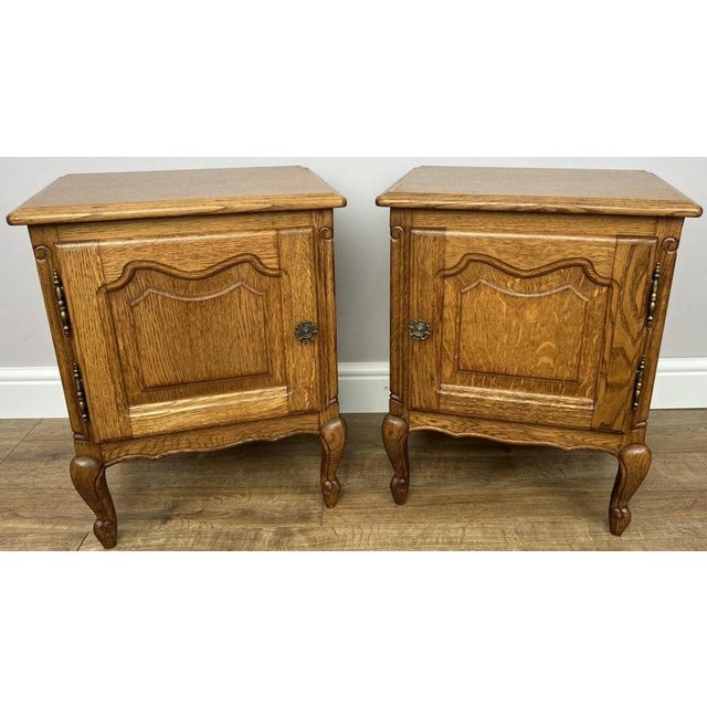 French Louis Oak Bedside Tables with Marble Tops, Set of 2 For Sale - Image 11 of 11