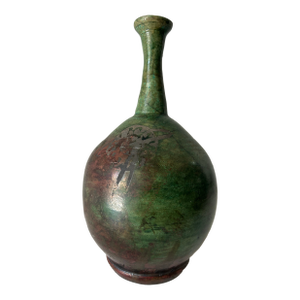 Suontouping Green & Bronze Glaze Raku Vessel With Symbols, Signed and Numbered