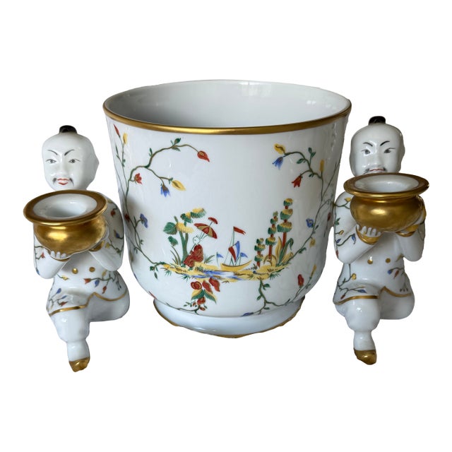 Rare Bergdorf Goodman Exclusive French Porcelain Figural Cachepot, Hand Painted 3-Piece Centerpiece, Circa 1960 For Sale