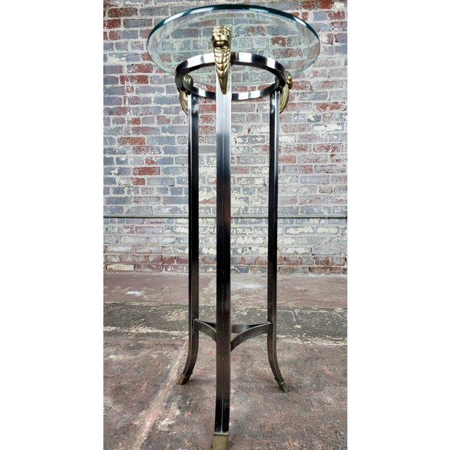 1980s Pedestal Polished Stainless Steel Frame with 3 Brass Lion Heads & Glass Top For Sale - Image 5 of 9