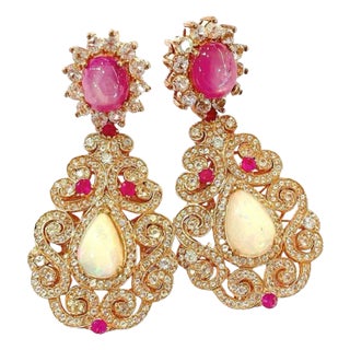 Bochic “Flamenco” Ruby & Multi gem Chandelier Earrings Set 18K Gold&Silver For Sale
