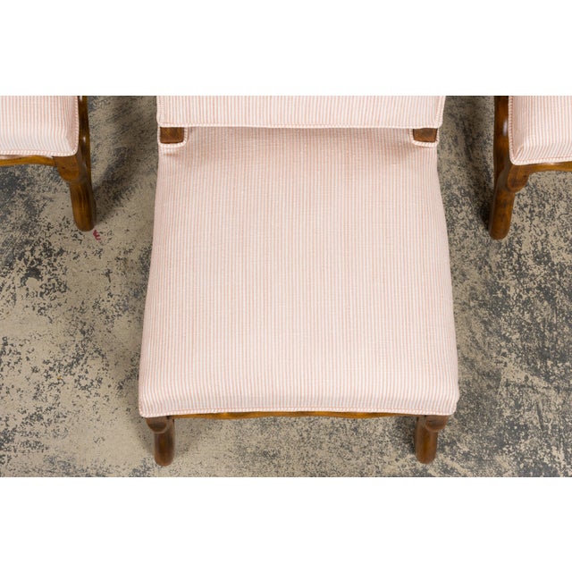 French Antique French Louis XIII Style Os De Mouton Oak Dining Chairs in Blush Pink Stripe - Set of 6 For Sale - Image 3 of 17