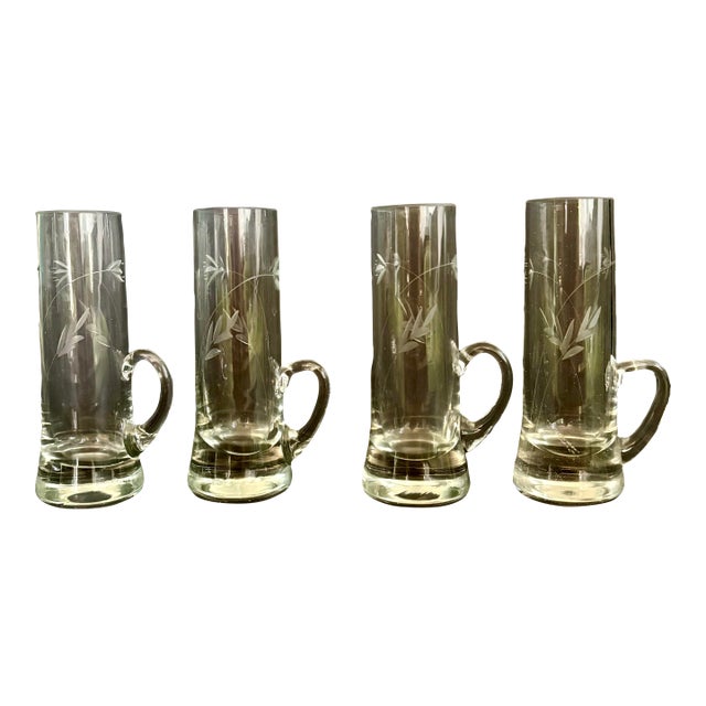 Vintage Shot Glasses With Handle Blown Glass Etched Floral Limoncello or Vodka Glasses - Set of 4 For Sale