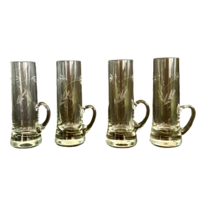 Vintage Shot Glasses With Handle Blown Glass Etched Floral Limoncello or Vodka Glasses - Set of 4
