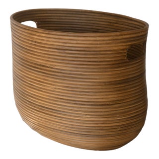 Vintage Gabriella Crespi Style Pencil Reed Basket With Cutout Handles For Sale