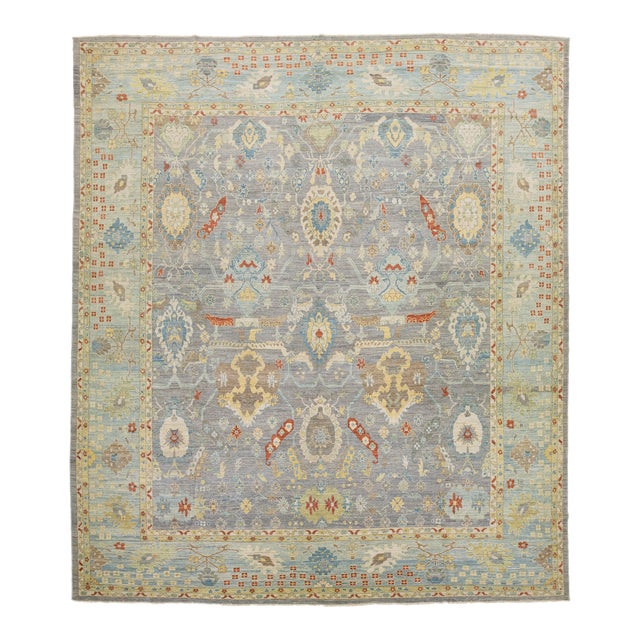 15 X 17 Apadana's Modern Sultanabad Allover Designed Wool Rug Handmade in Gray For Sale