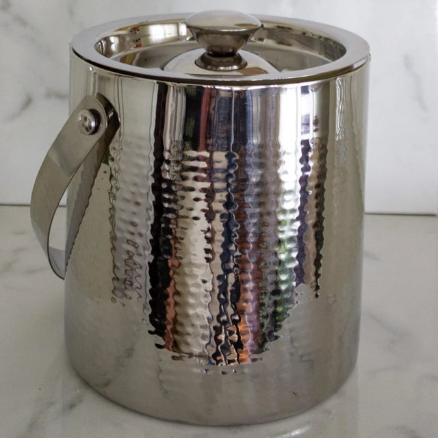Hammered Silver Double Wall Lidded Ice Bucket | Godinger for Williams Sonoma For Sale - Image 11 of 11
