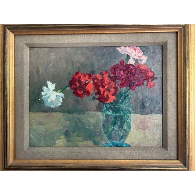 Vintage Signed Original Oil on Board Still Life Red, Pink & White Carnations in Blue Glass Vase For Sale - Image 10 of 15