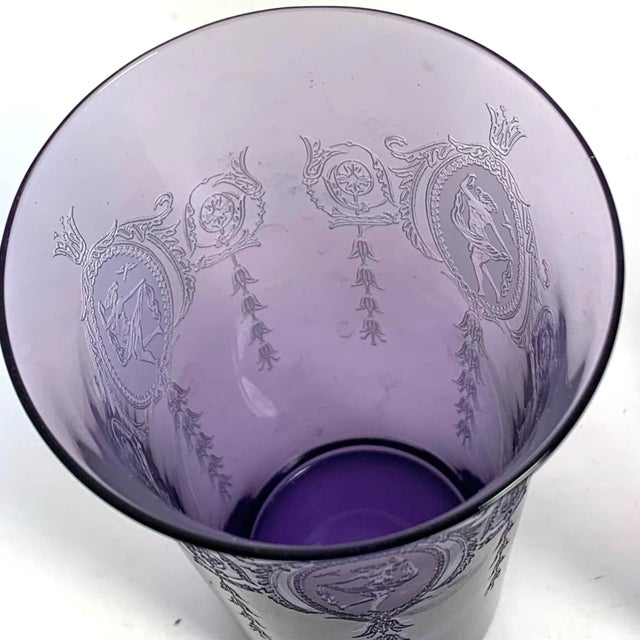 Early 20th Century Amethyst Glass Tumblers With Etched Grecian Figures Set of Three For Sale - Image 4 of 12