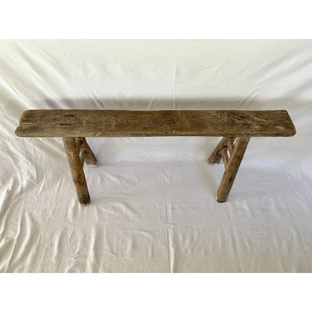 Rustic Rustic Elm Wood Skinny Bench For Sale - Image 3 of 9