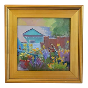 Listed Artist Silvio Silvestri Garden Flower Landscape Painting W/ Antiqued Gold Wood Frame