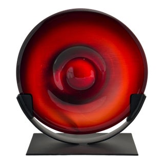 Garnet Art Glass Sculpture on Black Metal Stand, Hand-Blown by Rick & Janet Nicholson, Signed & Dated 2013 For Sale