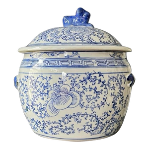 Blue and White Chinoiserie Foo Dog Lidded Bowl