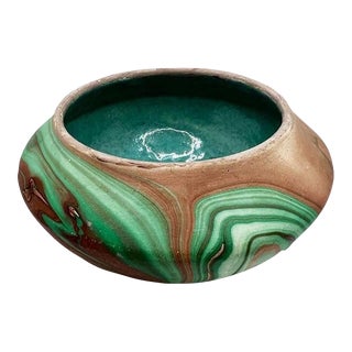 Marbled Roadside Pottery Malachite Look Bowl in With Glazed Turquoise Interior For Sale