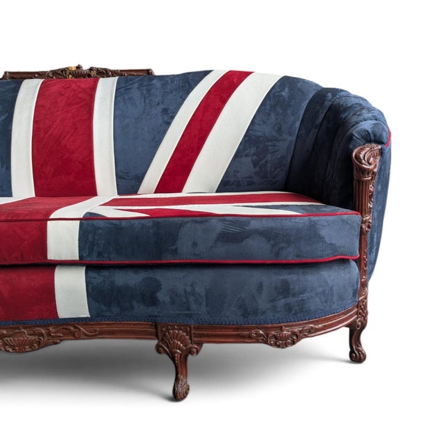Rococo Vintage Union Jack Upholstered Sofa With Ornate Carved Wood Frame For Sale - Image 3 of 18