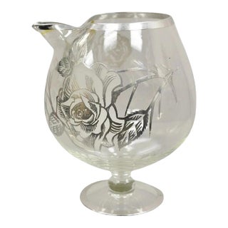Vintage Art Nouveau Floral Sterling Silver Overlay Glass Footed Water Pitcher For Sale