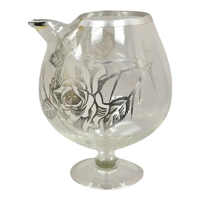 Vintage Art Nouveau Floral Sterling Silver Overlay Glass Footed Water Pitcher For Sale