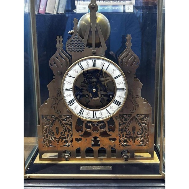 Large Architectural Brass Cathedral Skeleton Clock with Case and Key For Sale - Image 6 of 18