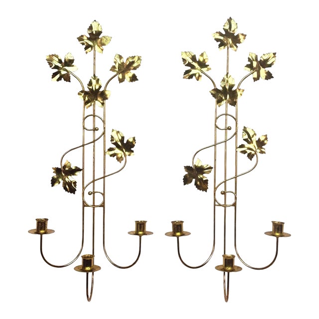 Mid-Century Golden Foliage Wall Hanging Candle Sconces - a Pair For Sale