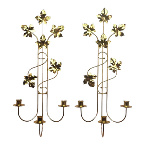 Mid-Century Golden Foliage Wall Hanging Candle Sconces - a Pair